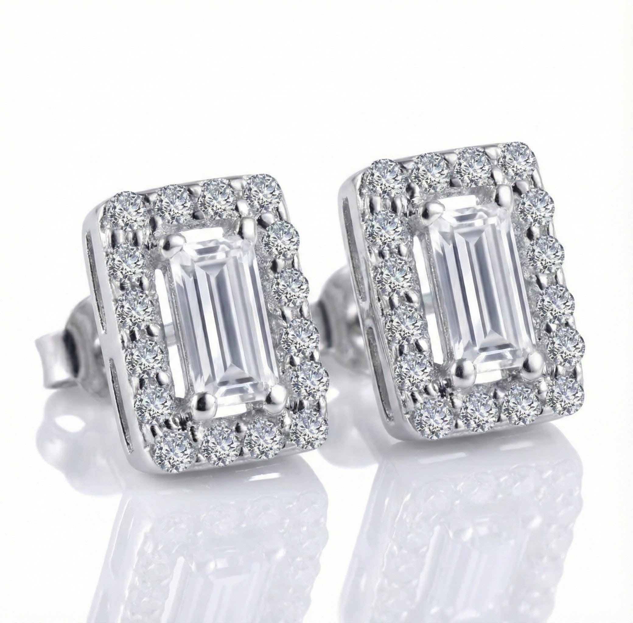 Emerald-Cut CZ Halo Stud Earrings | Sterling Silver | Baguette-Style Sparkle - Brownee Jewelers