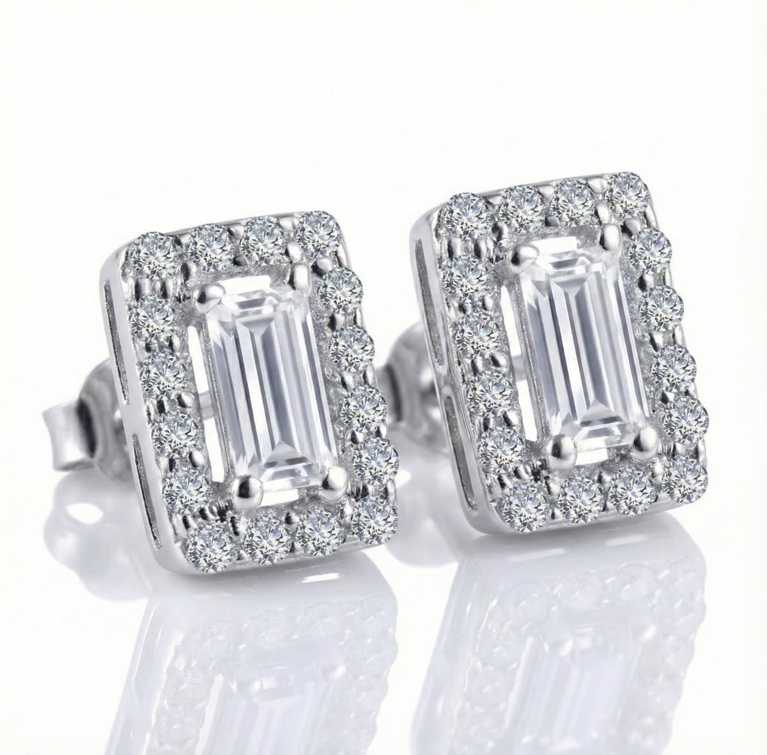 Emerald-Cut CZ Halo Stud Earrings | Sterling Silver | Baguette-Style Sparkle - Brownee Jewelers