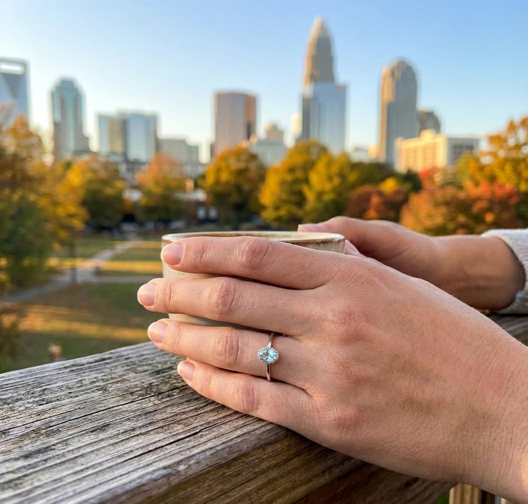 Aquamarine & Diamond Halo Ring, 0.07 ctw