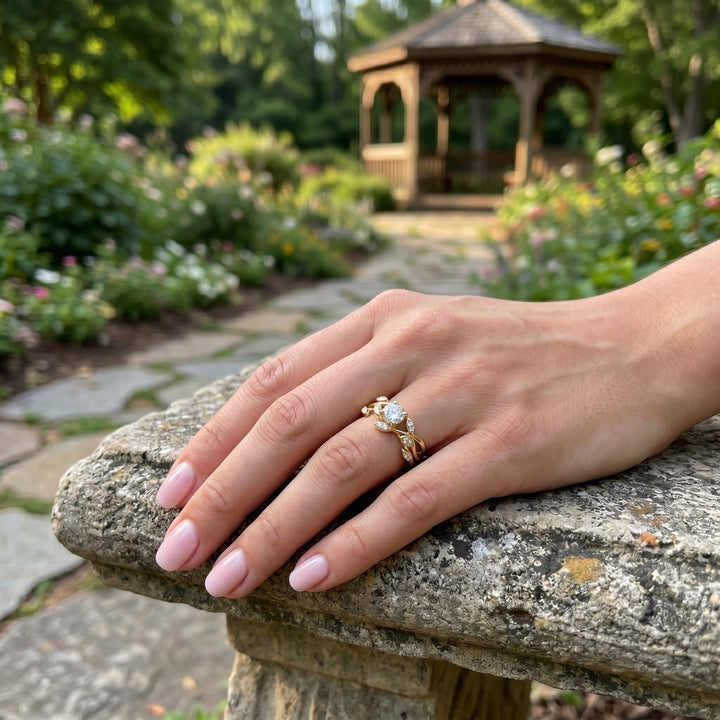 Round Diamond Nature Inspired Bridal Set | 14K Yellow Gold | Approx. 0.50 CT Round Diamond | Nature-Inspired Diamond Accents - Brownee Jewelers