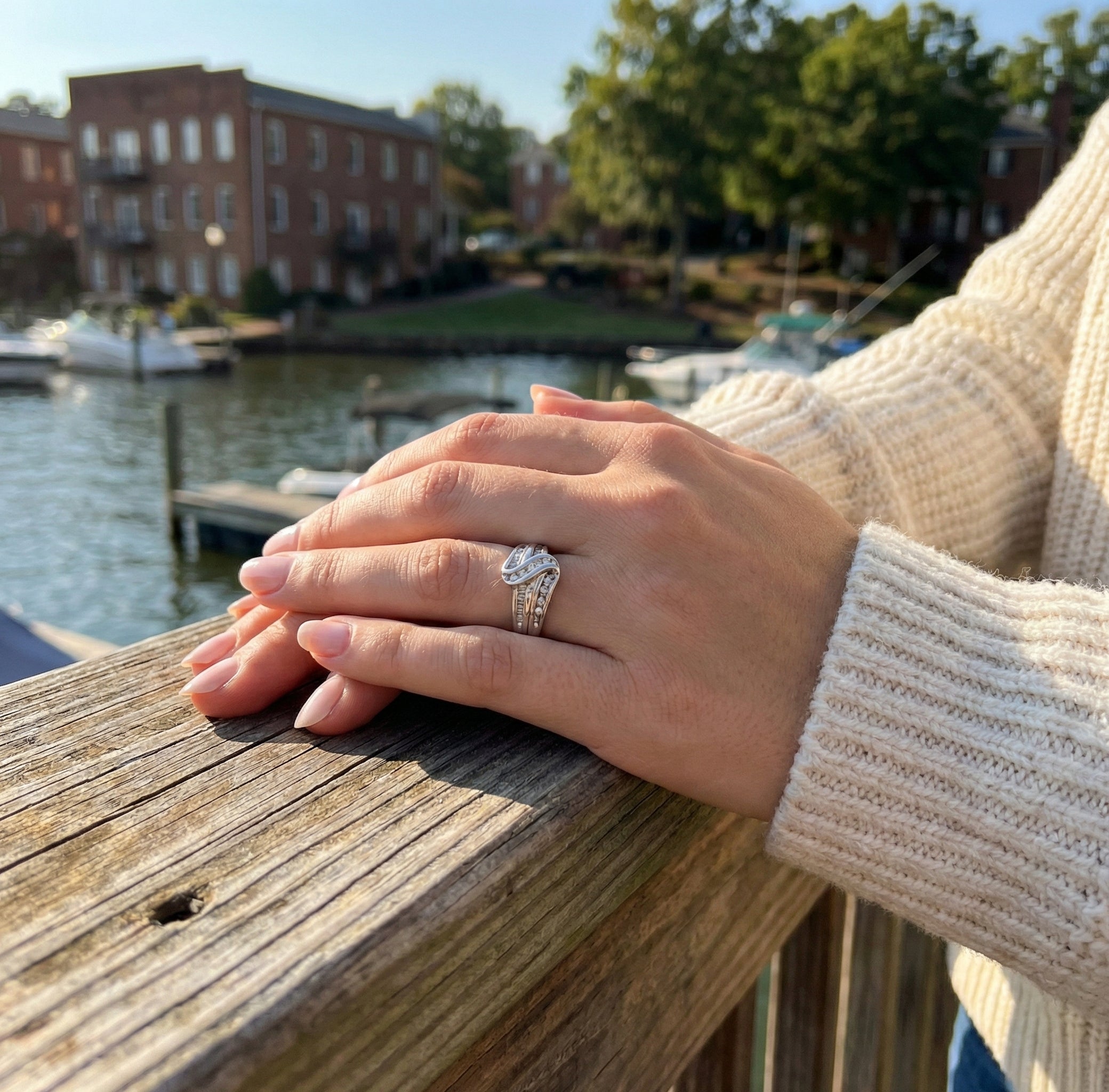 Round & Baguette Diamond Crossover Ring | 14K White Gold | 0.50 ctw | Crisscross Band - Brownee Jewelers
