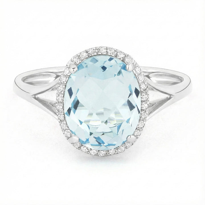 Madison L | Oval Blue Topaz & Diamond Halo Ring | 14K White Gold | Oval Gemstone Ring - Brownee Jewelers