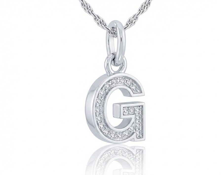Silver Diamond Block “G” Initial Pendant – 1/10 CTW