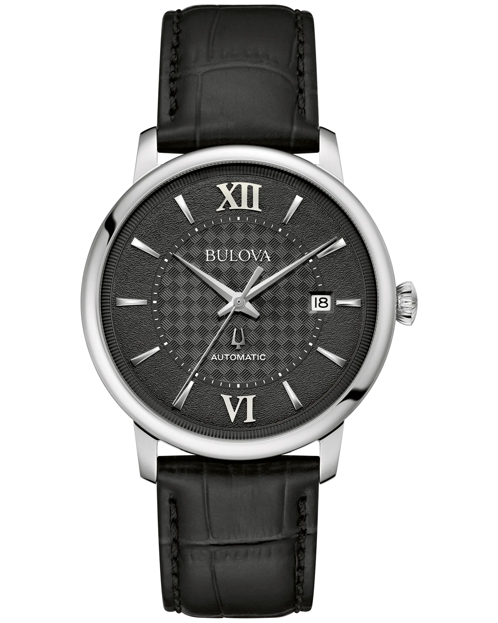 Men's Automatic Stainless Steel Watch with Black Textured Dial and a Black Leather Strap