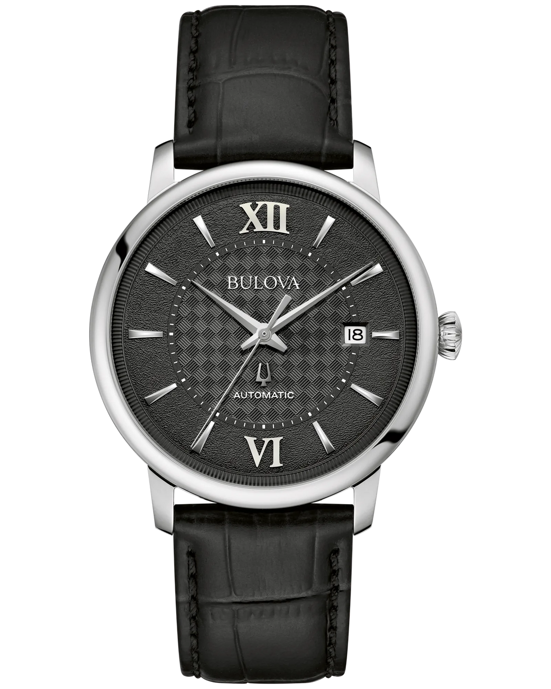 Men's Automatic Stainless Steel Watch with Black Textured Dial and a Black Leather Strap