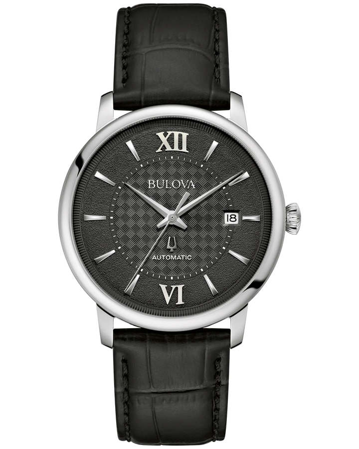 Bulova Hudson | Men's Automatic Stainless Steel Watch | Black Textured Dial | Black Leather Strap | Date Display | 96B441 - Brownee Jewelers