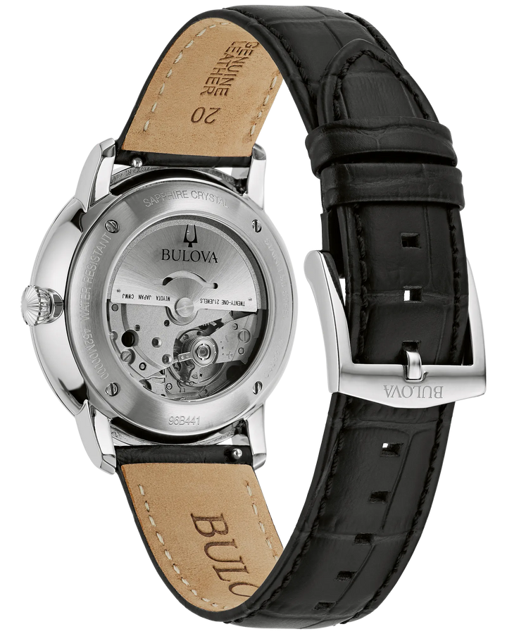 Bulova Hudson | Men's Automatic Stainless Steel Watch | Black Textured Dial | Black Leather Strap | Date Display | 96B441 - Brownee Jewelers