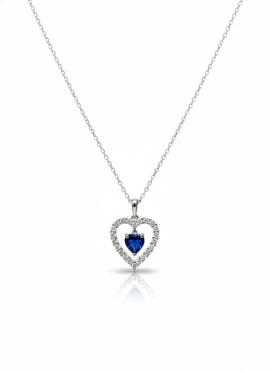 Sterling Silver Heart Pendant with White & Blue Lab-Created Sapphires