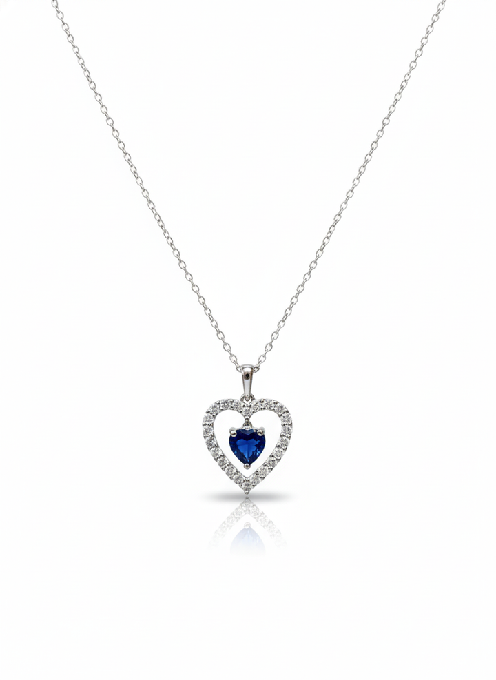 Sterling Silver Heart Pendant with White & Blue Lab-Created Sapphires