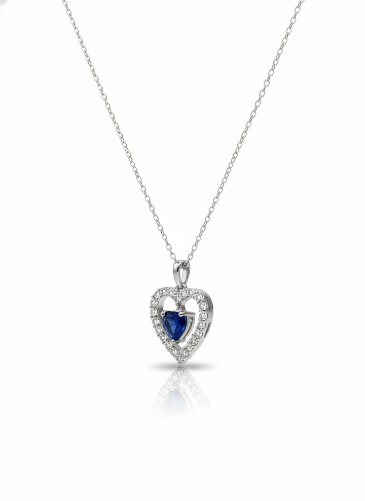 Sterling Silver Heart Pendant with White & Blue Lab-Created Sapphires
