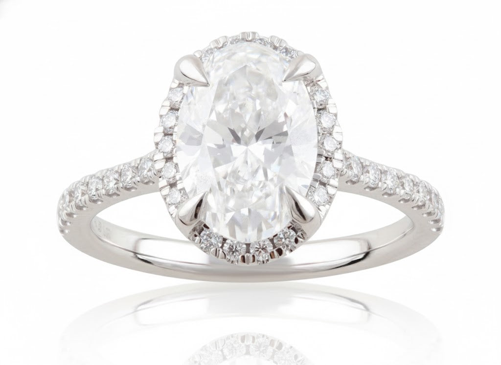 14K White Gold ~1.75ct Oval Lab-Grown Diamond Ring with Round Diamond Accents (2.00ctw Total)
