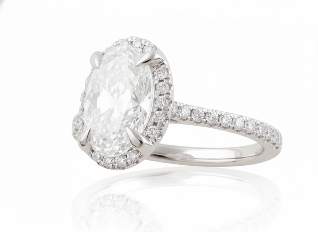 14K White Gold ~1.75ct Oval Lab-Grown Diamond Ring with Round Diamond Accents (2.00ctw Total)