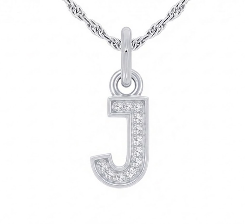 Silver Diamond Block “J” Initial Pendant – 1/20 CTW