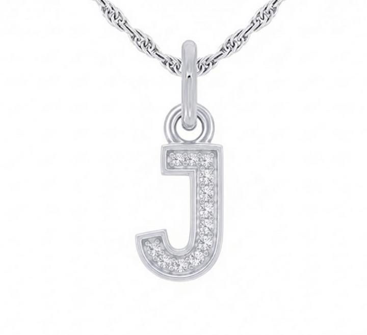 Silver Diamond Block “J” Initial Pendant – 1/20 CTW