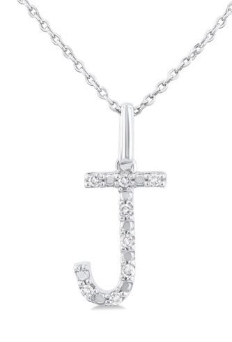 Silver Block 'J' Initial Diamond Pendant