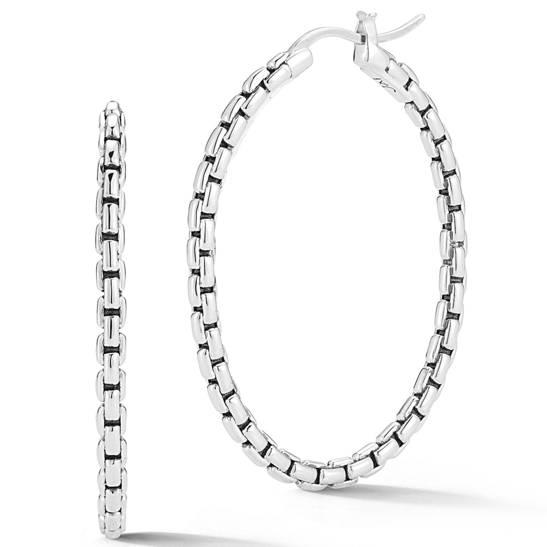 STERLING SILVER BOX CHAIN PATTERN HOOP EARRINGS 
