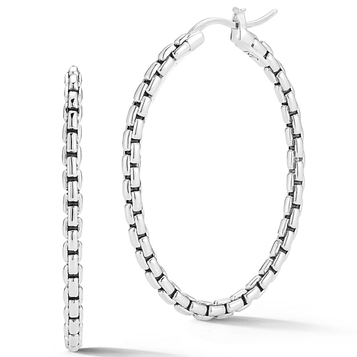 STERLING SILVER BOX CHAIN PATTERN HOOP EARRINGS 
