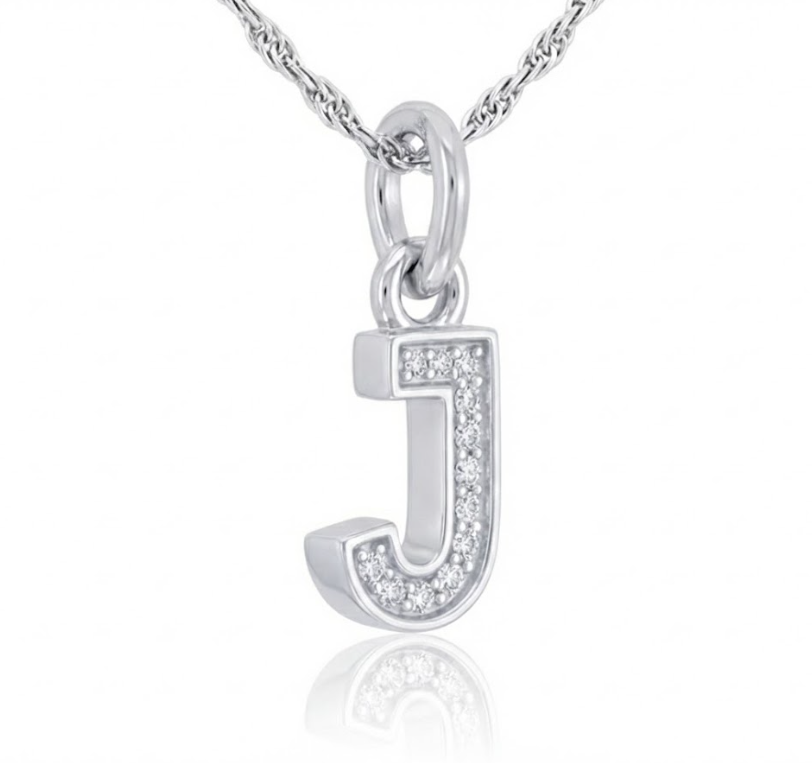 Silver Diamond Block “J” Initial Pendant – 1/20 CTW