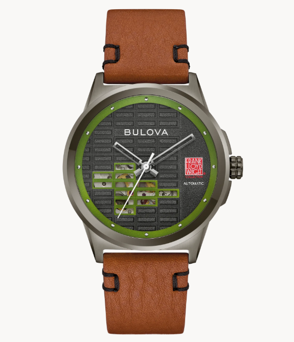Infused with the essence of one of Frank Lloyd Wright’s most distinct projects, this Bulova men’s timepiece pays tribute to the Toufic H. Kalil house, one of the prolific architect’s Usonian Automatic homes, built in 1955