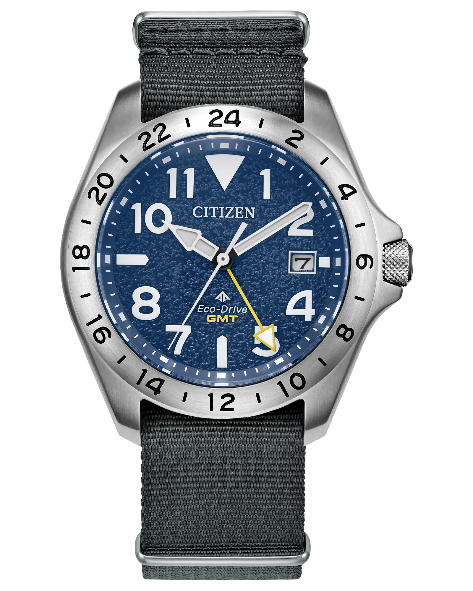 Citizen Promaster Land GMT | Eco-Drive GMT Navy Dial Watch | Stainless Steel | WR200 Nylon Strap Watch | Men’s Adventure Field Design - Brownee Jewelers