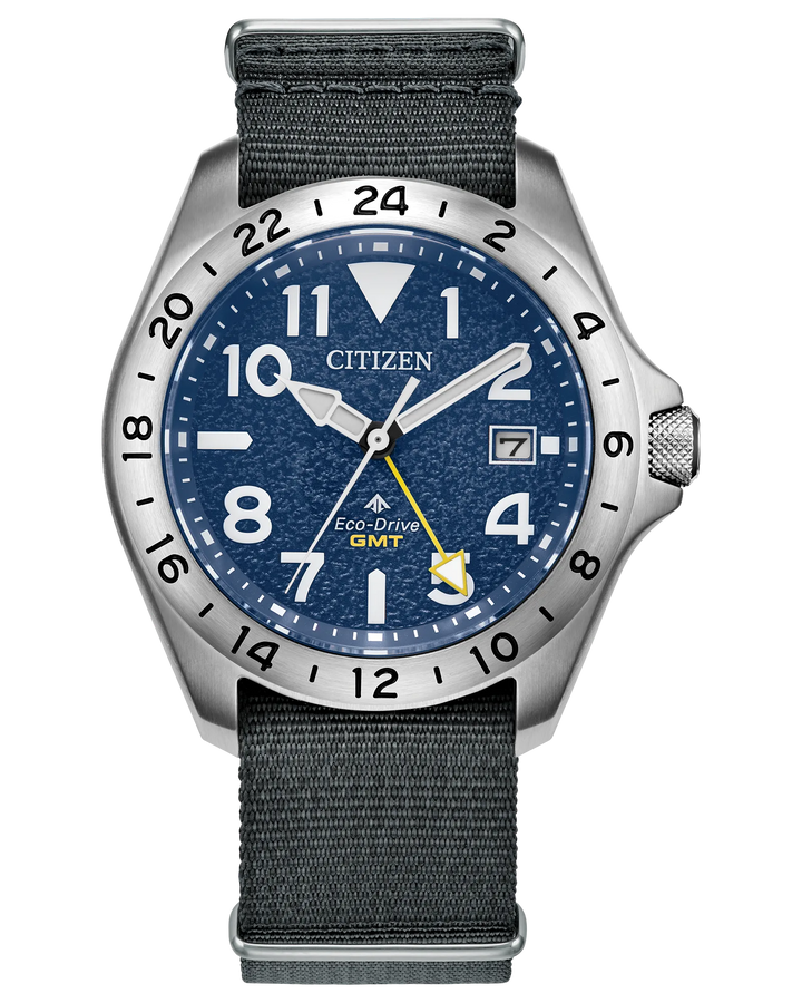 Citizen Promaster Land GMT | Eco-Drive GMT Navy Dial Watch | Stainless Steel | WR200 Nylon Strap Watch | Men’s Adventure Field Design - Brownee Jewelers