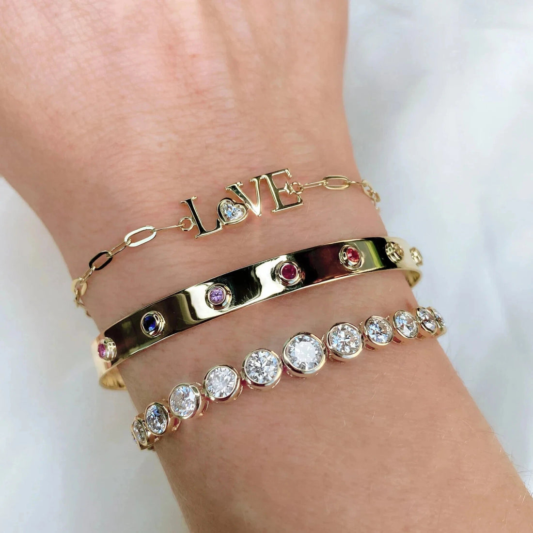 .12 TOTAL CARAT WEIGHT DIAMOND HEART “LOVE” PAPER CLIP BRACELET IN 14K YELLOW GOLD