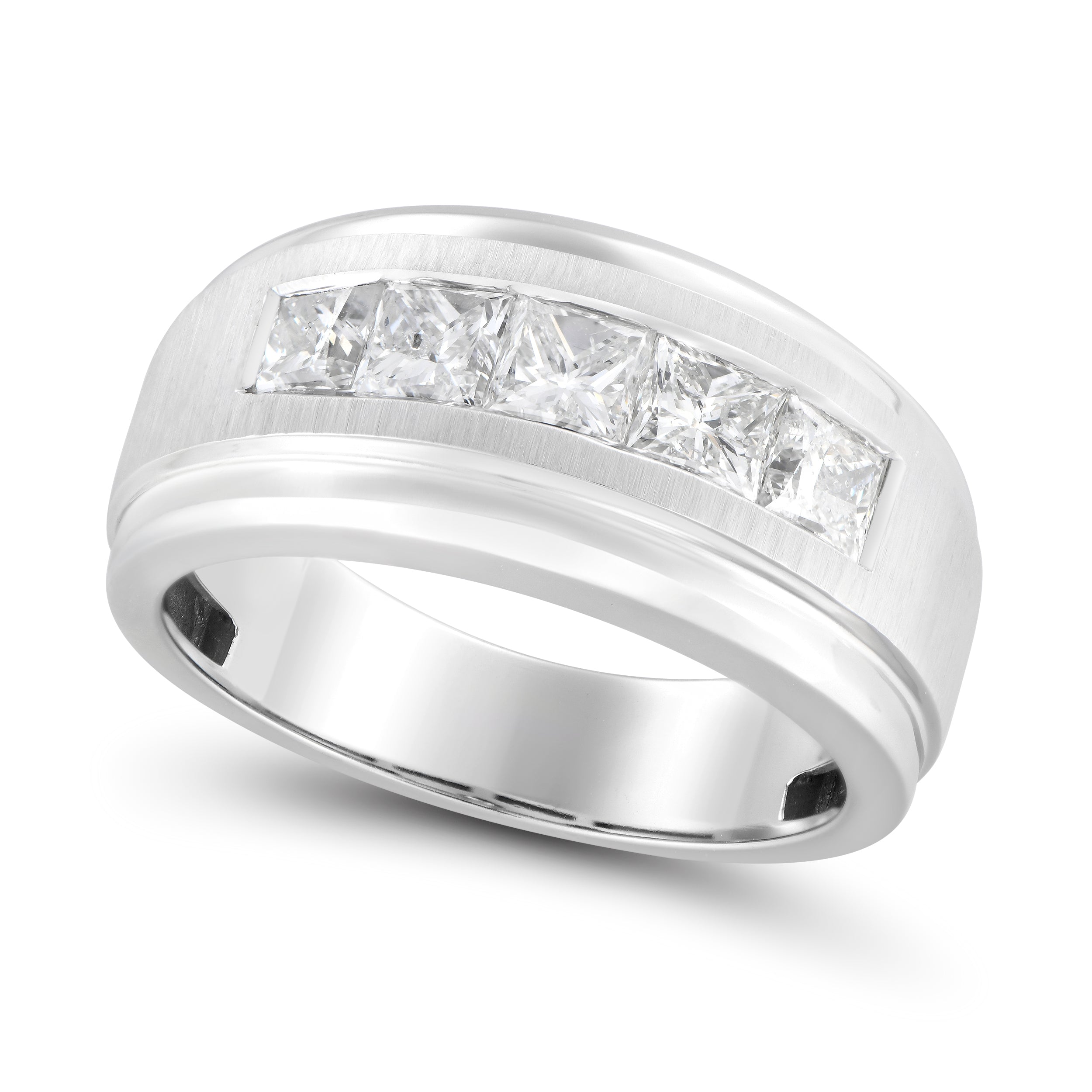 14K White Gold 2.00 CTW Lab-Grown Diamond 5-Stone Ring – Size 10 Crafted in sleek 14K white gold, this bold men’s ring showcases five princess-cut lab-grown diamonds totaling 2.00 carats. Each diamond is channel-set for a clean, modern look that blends strength, brilliance, and sophisticated design.