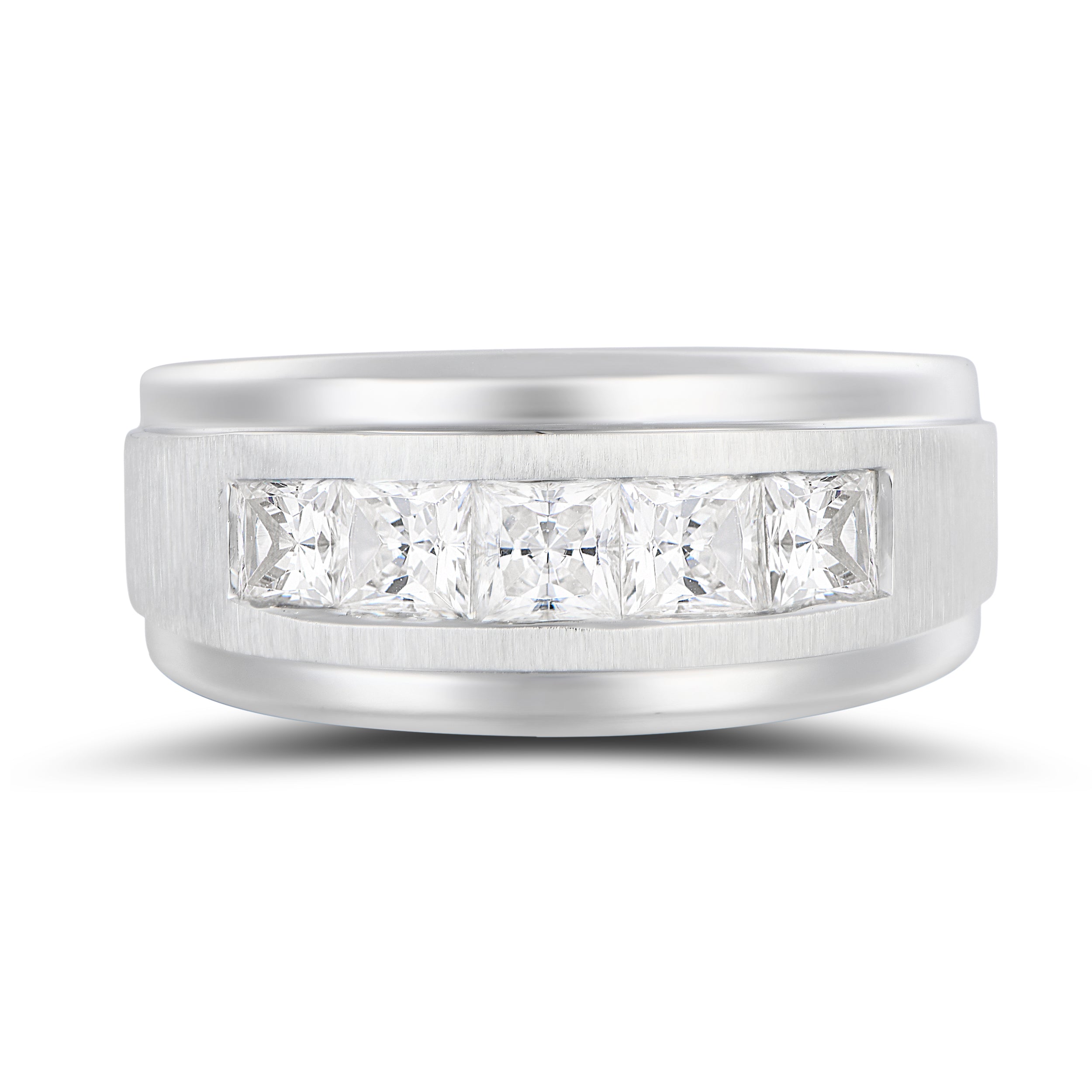 14K White Gold 2.00 CTW Lab-Grown Diamond 5-Stone Ring – Size 10 Crafted in sleek 14K white gold, this bold men’s ring showcases five princess-cut lab-grown diamonds totaling 2.00 carats. Each diamond is channel-set for a clean, modern look that blends strength, brilliance, and sophisticated design.