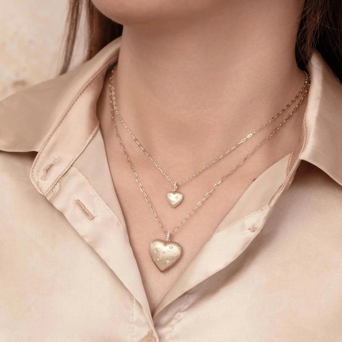  .04 TOTAL CARAT WEIGHT DIAMOND HEART STAR MATTE PAPER CLIP LINK NECKLACE IN 14K YELLOW GOLD