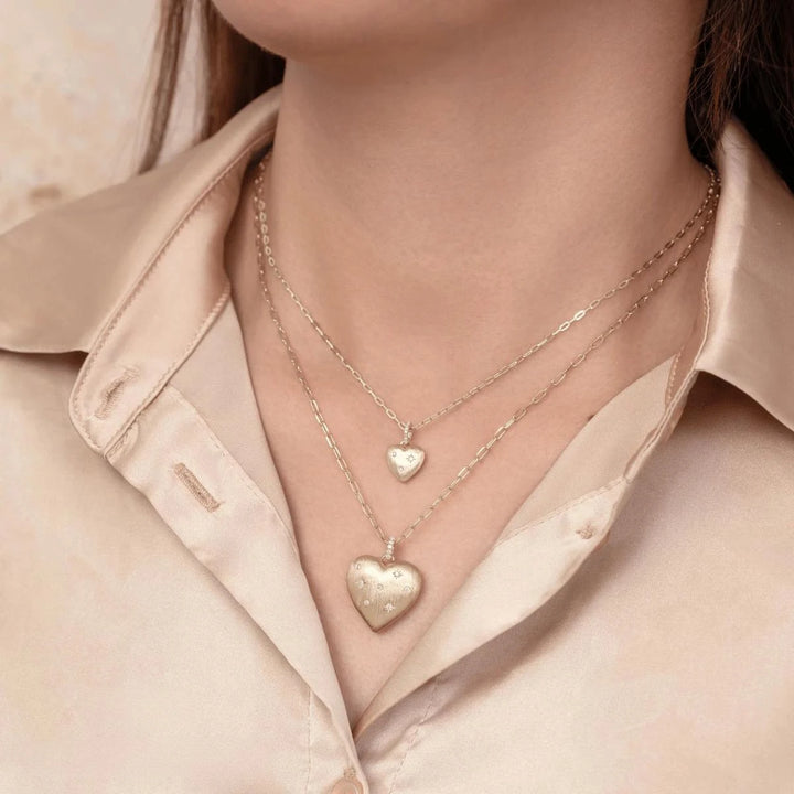 SHY CREATION | .04CT DIAMOND HEART STAR MATTE PAPER CLIP LINK NECKLACE | 14K YELLOW GOLD | SC55029299 - Brownee Jewelers