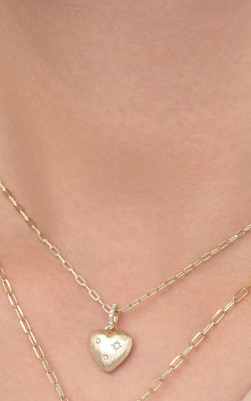  .04 TOTAL CARAT WEIGHT DIAMOND HEART STAR MATTE PAPER CLIP LINK NECKLACE IN 14K YELLOW GOLD