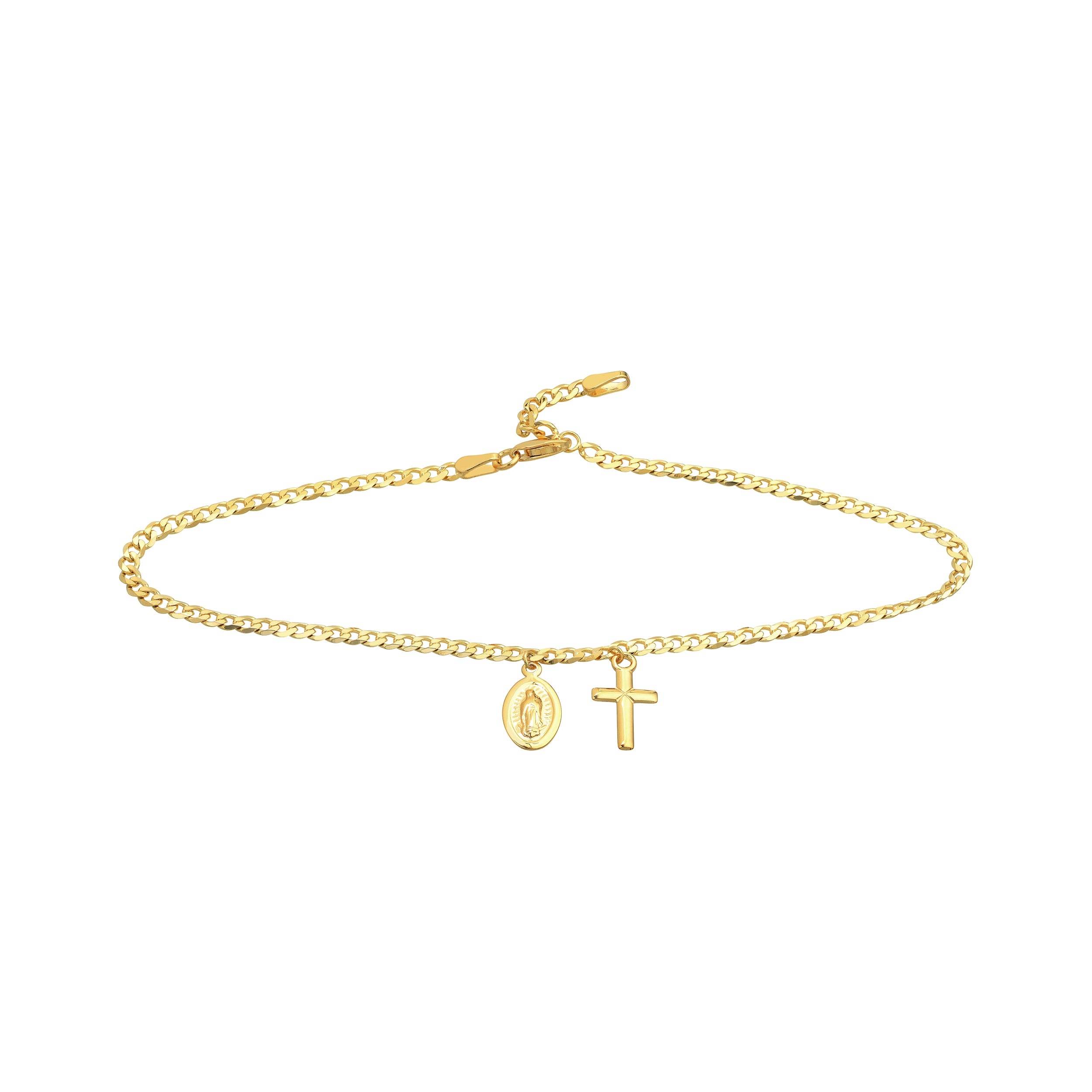 10" ADJUSTABLE VIRGIN MARY CROSS ANKLET | 14K YELLOW GOLD | MF035382-14Y - Brownlee Jewelers