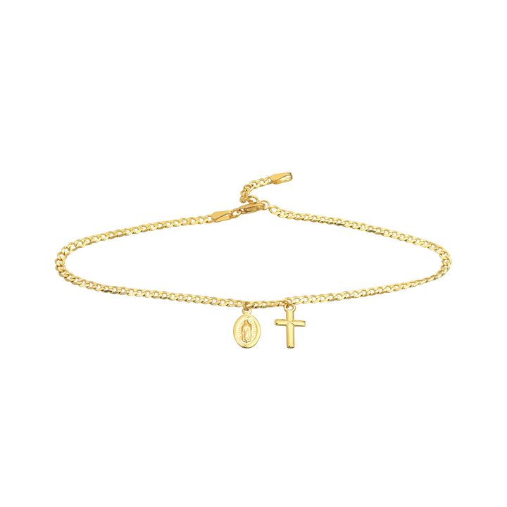 10" ADJUSTABLE VIRGIN MARY CROSS ANKLET | 14K YELLOW GOLD | MF035382-14Y - Brownlee Jewelers