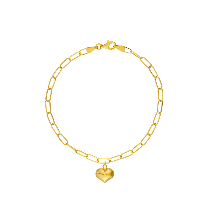 7.5" PUFFED HEART PAPERCLIP CHAIN BRACELET | 14K YELLOW GOLD | MF041711-14Y - Brownlee Jewelers