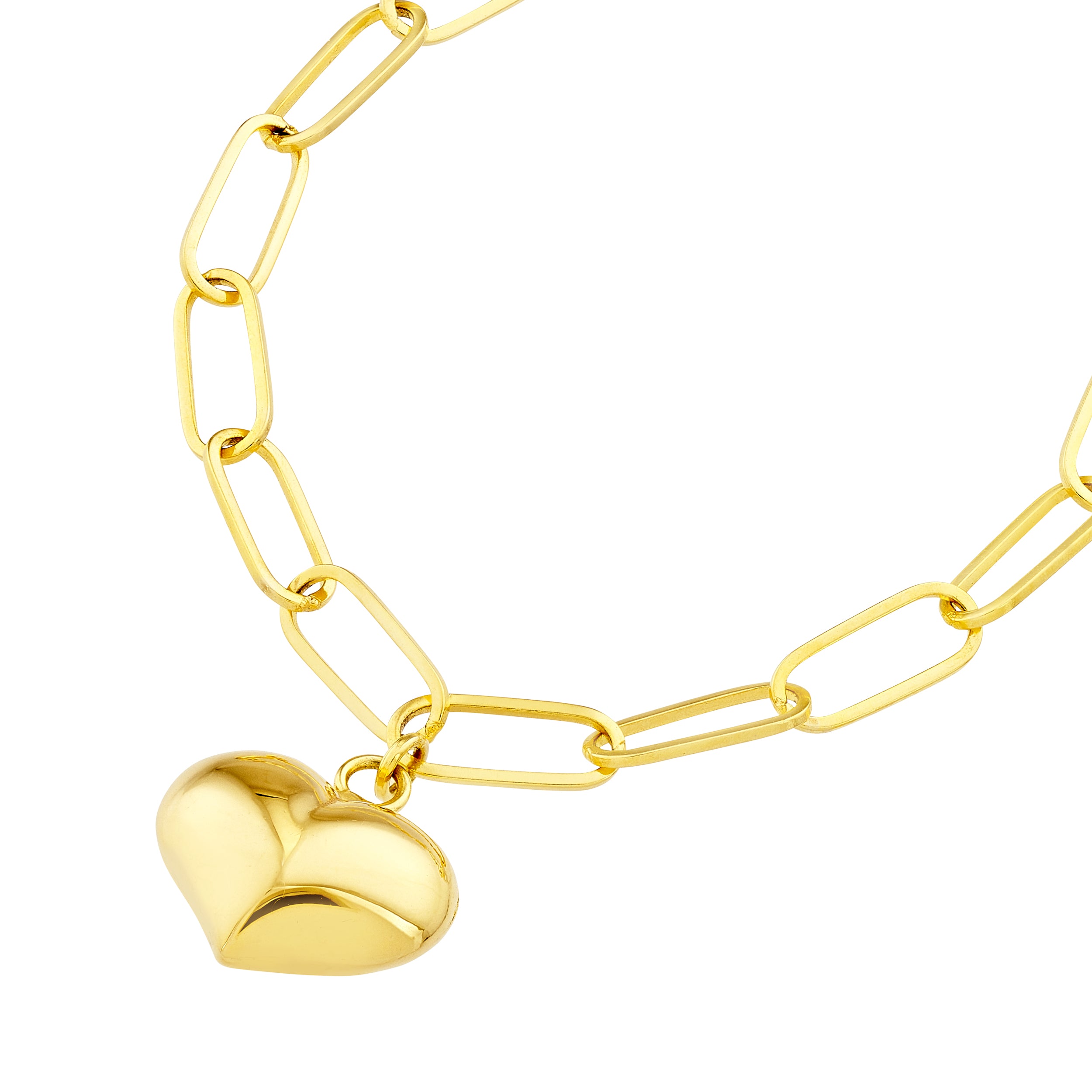 7.5" PUFFED HEART PAPERCLIP CHAIN BRACELET | 14K YELLOW GOLD | MF041711-14Y - Brownlee Jewelers