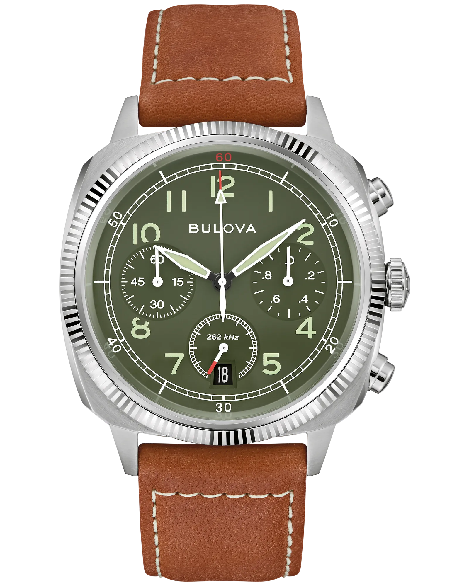 Bulova Military Men's Stainless Steel High Precision Quartz Chronograph Watch with a Green Dial and a Brown Leather Strap