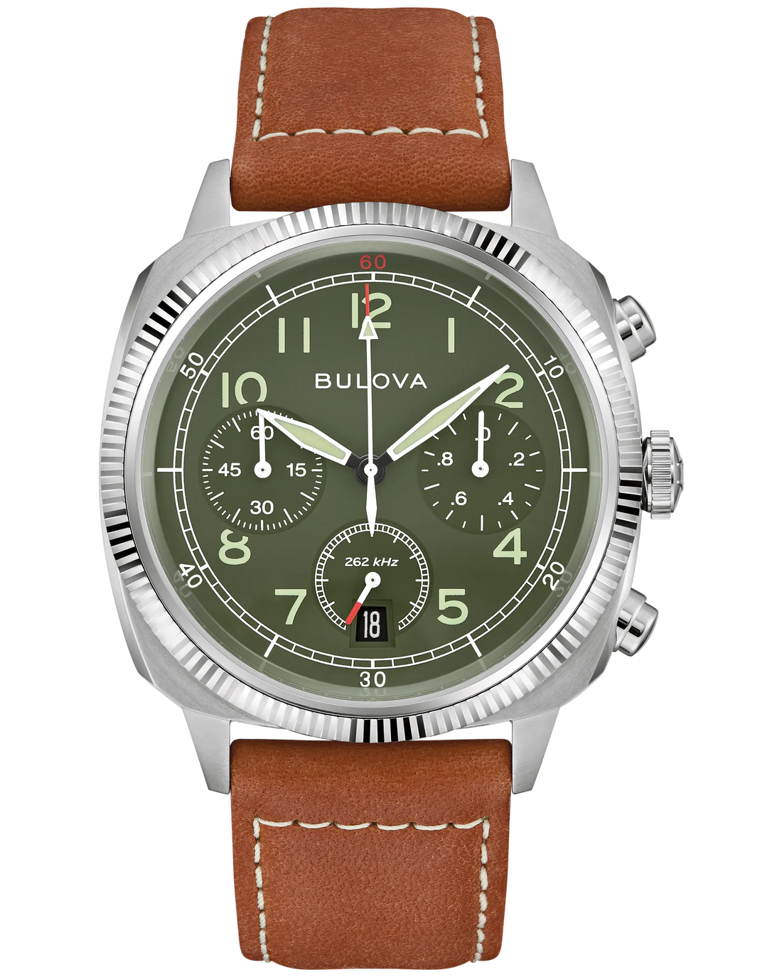 Bulova Military Men's Stainless Steel High Precision Quartz Chronograph Watch with a Green Dial and a Brown Leather Strap