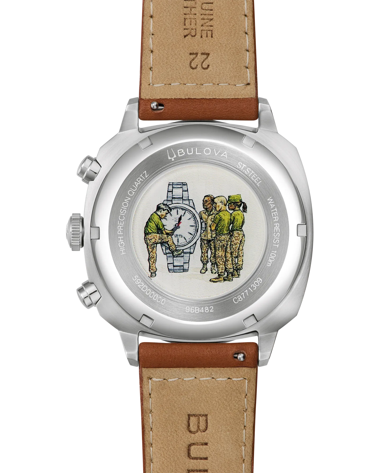 Bulova Military Men's Stainless Steel High Precision Quartz Chronograph Watch with a Green Dial and a Brown Leather Strap
