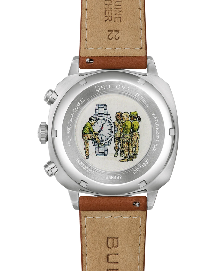Bulova Military Men's High Precision Quartz Chronograph Watch | Stainless Steel | Green Dial | Brown Leather Strap | 43mm | 96B482 - Brownee Jewelers