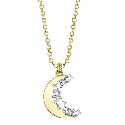 DIAMOND MOON AND STAR PENDANT IN 14K YELLOW AND WHITE GOLD