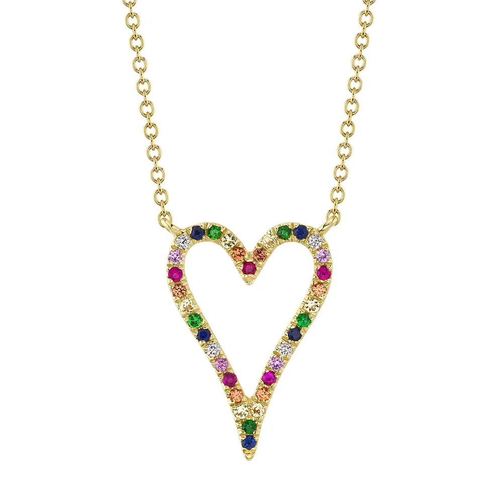 Shy Creation Multi-Color Stone Open Heart Necklace in 14 karat yellow gold, totaling 0.22 carat weight. The length of the necklace measures 18 inches.