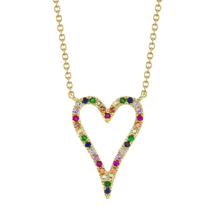 Shy Creation Multi-Color Stone Open Heart Necklace in 14 karat yellow gold, totaling 0.22 carat weight. The length of the necklace measures 18 inches.
