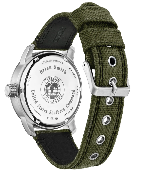This watch will come with Military Green Hard Watch box and Pledge of Allegiance Engraved Challenge Coin. Both the Watch & Coin will be Engraved and Personalized.