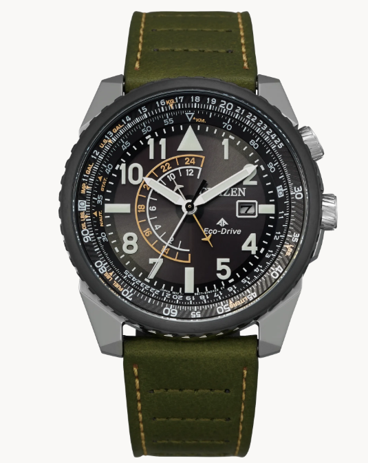 From the olive green leather strap inspired by military uniforms to the 42mm stainless steel case with black dial that evokes a cockpit at night, the Promaster Nighthawk from Citizen is a timepiece designed to capture the sleek, sophisticated lines of a stealth helicopter