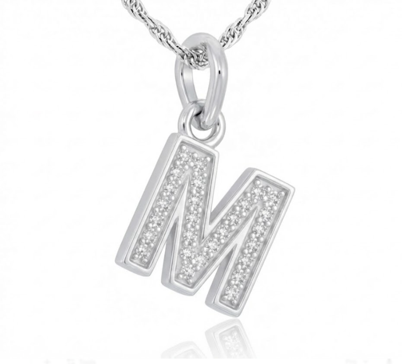 Diamond Initial “M” Pendant | Sterling Silver | 0.10 ctw | 18" | Pavé Initial | - Brownee Jewelers