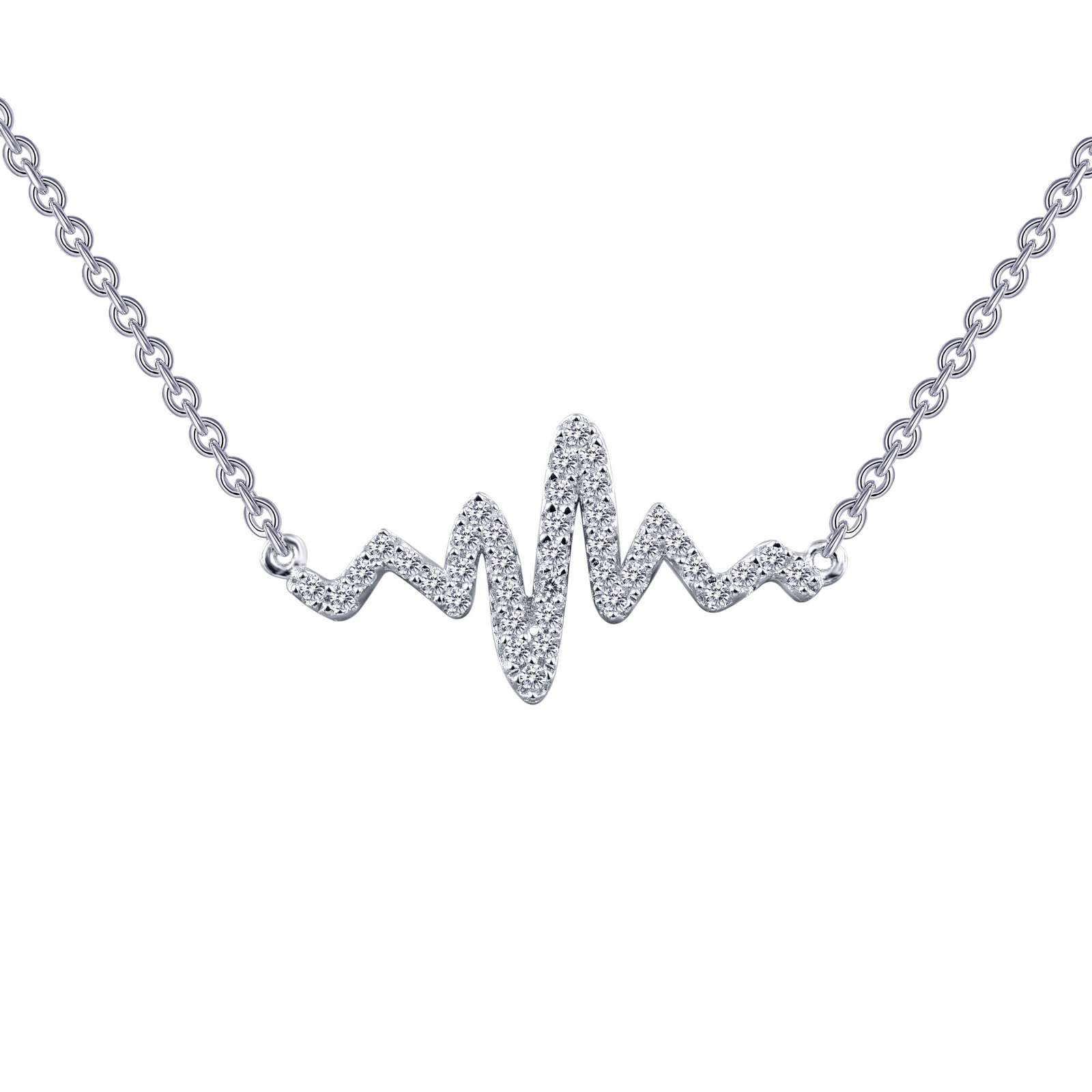 Playful and romantic. This heartbeat necklace is set with Lafonn's signature Lassaire clear simulated diamonds in sterling silver bonded with platinum.
