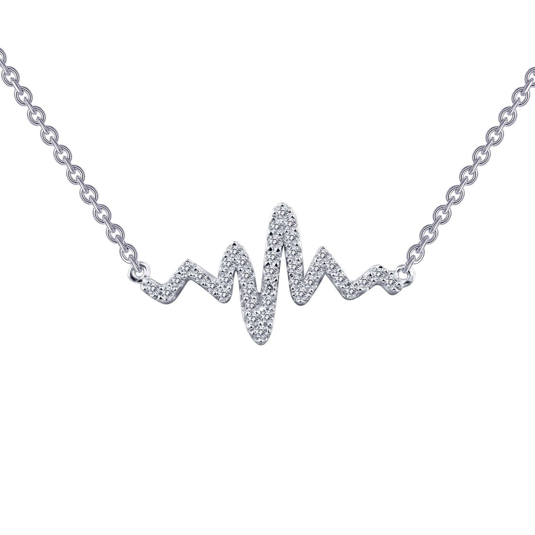Playful and romantic. This heartbeat necklace is set with Lafonn's signature Lassaire clear simulated diamonds in sterling silver bonded with platinum.