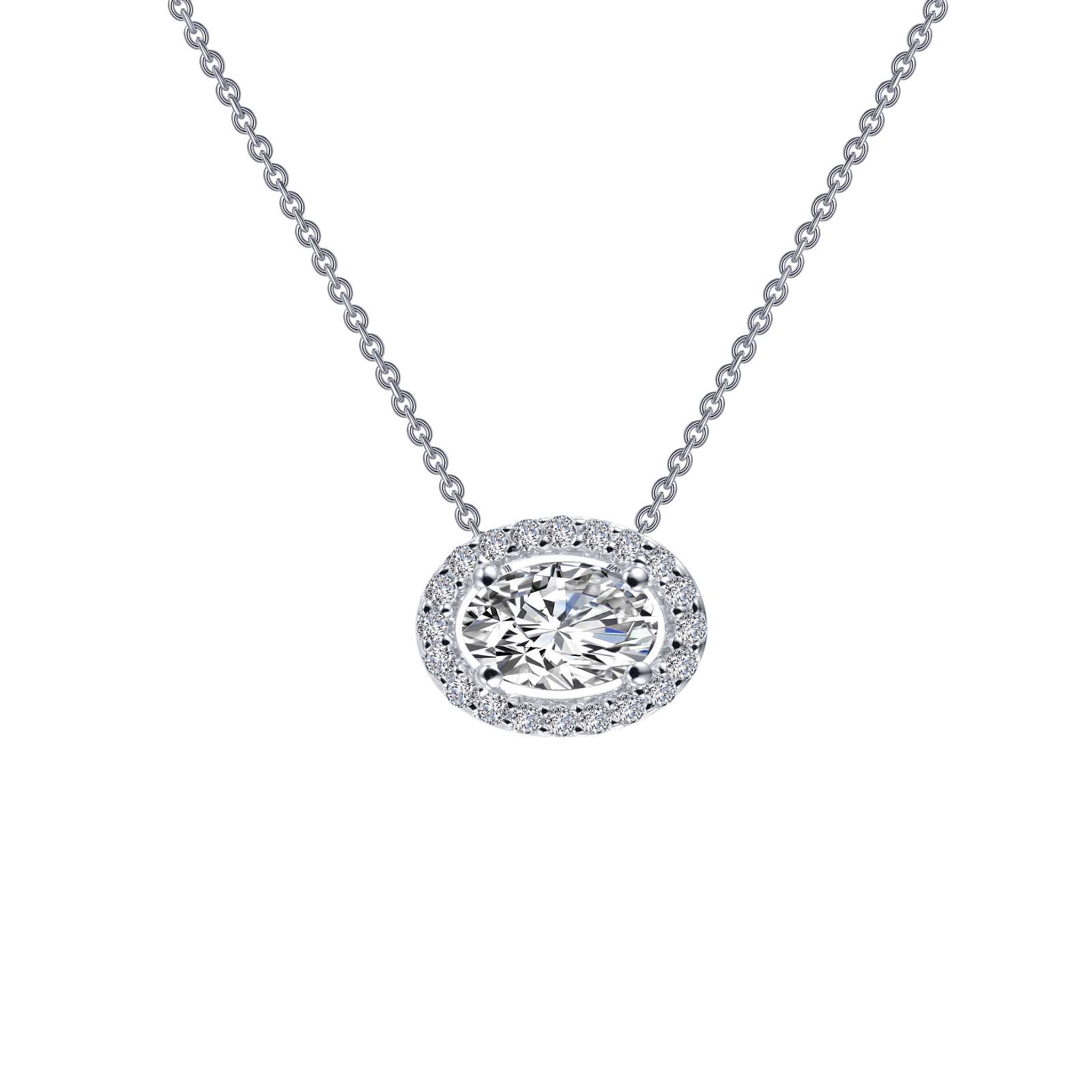 Timeless elegance. This halo necklace features Lafonn's signature Lassaire oval and round simulated diamonds in sterling silver bonded with platinum.