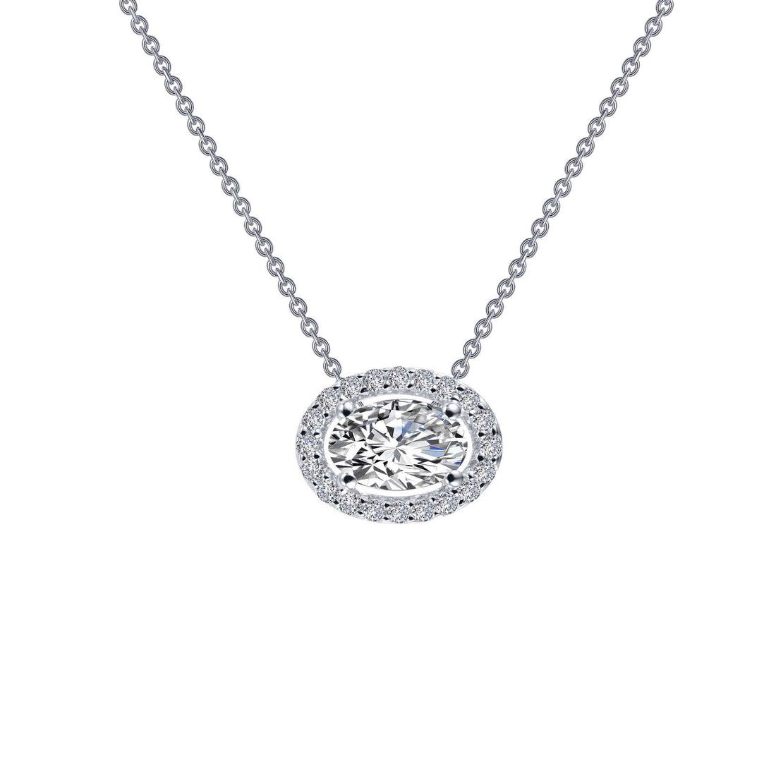 Timeless elegance. This halo necklace features Lafonn's signature Lassaire oval and round simulated diamonds in sterling silver bonded with platinum.