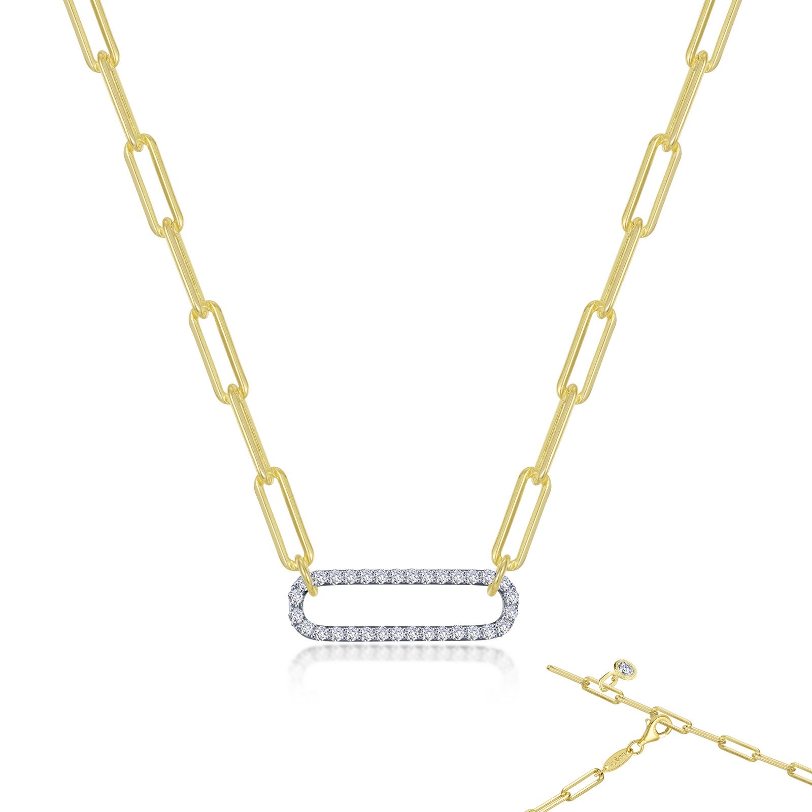 CZ Paperclip Link Necklace | Sterling Silver & Gold Tone | 20" - Brownee Jewelers
